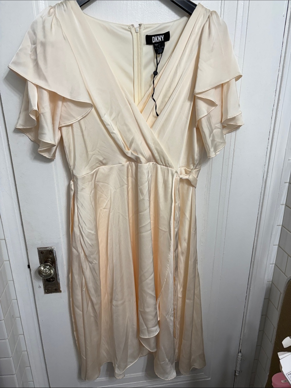 DKNY Cream Wrap Midi Dress with Flutter Sleeves